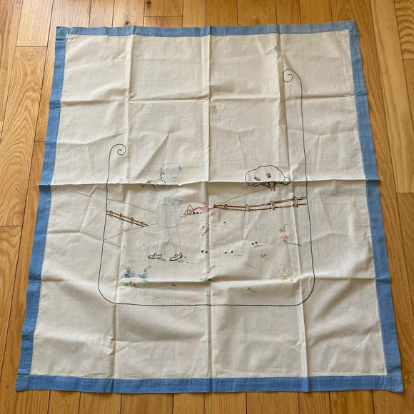 Vintage Embroidered Small Tablecloth Linen Little Boy Blue Blowing Horn Lambs - Picture 2 of 12